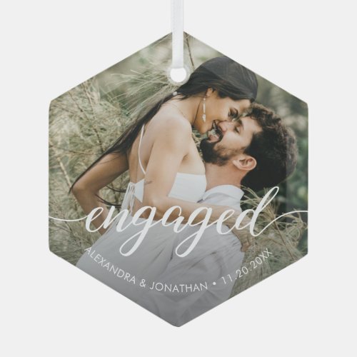 Custom Photo First Christmas Engaged White Script Glass Ornament