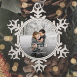 Custom Photo First Christmas Engaged White Script Snowflake Pewter Christmas Ornament<br><div class="desc">Commemorate your engagement with this beautiful modern keepsake ornament. The white text reads "Our first Christmas engaged, " with the word "engaged" in elegant handwriting script with flourishes before and after. Replace the sample image with your favorite photo, and add your names and the year. A black gradient filter helps...</div>