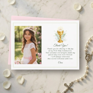 Custom Photo First Holy Communion Pink Thank You Card