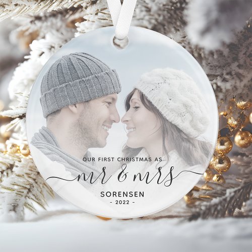 Custom Photo First Married Christmas Gray Script Ornament