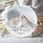 Custom Photo First Married Christmas Green Script Ornament<br><div class="desc">Commemorate the first Christmas of your marriage with this beautiful modern keepsake ornament. The dark pine green text reads "Our first Christmas as Mr & Mrs, " with the words "Mr & Mrs" in elegant handwriting script with flourishes before and after. Replace the sample image with your favorite photo, and...</div>