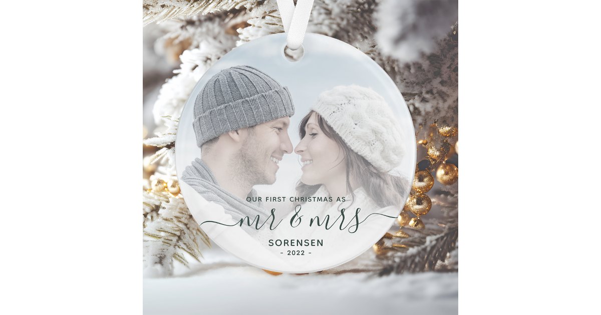 Scripts Ornament Custom Photo First Married Christmas Green Script Ornament | Zazzle