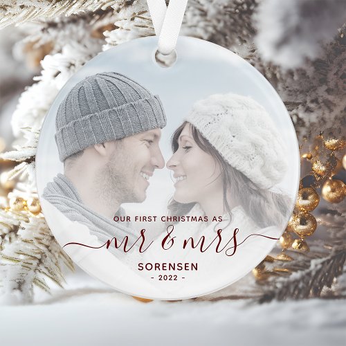 Custom Photo First Married Christmas Red Script Ornament