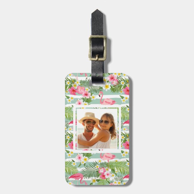 Custom Photo Flamingos And Stripes Luggage Tag (Front Vertical)