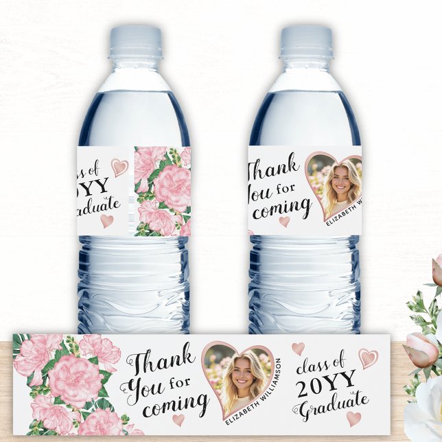 Custom Photo Floral 2026 Graduation Thank You Water Bottle Label (Creator Uploaded)