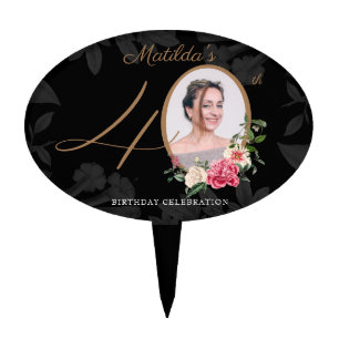 Custom Photo Floral 40th Birthday Gold Black Cake Topper