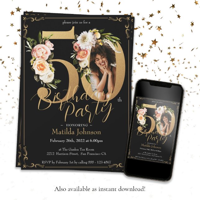 Custom Photo Floral Boho 50th Birthday Invitation (Creator Uploaded)