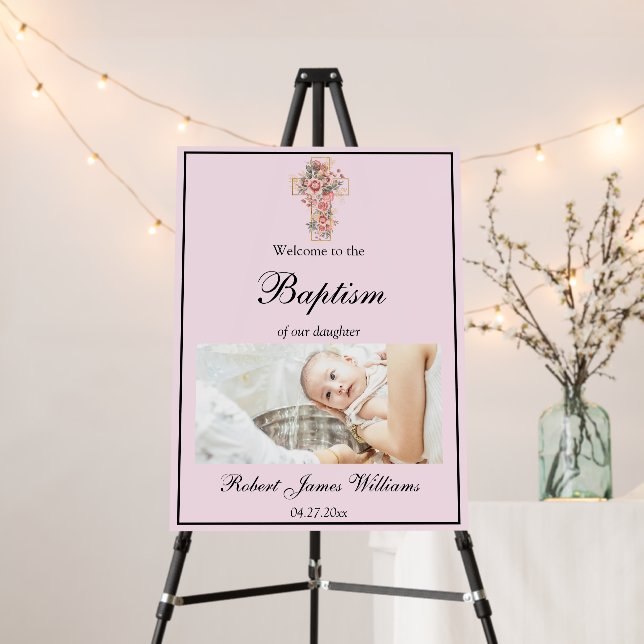 Custom Photo Floral Christening Baptism Welcome Foam Board (In Situ (Stand))