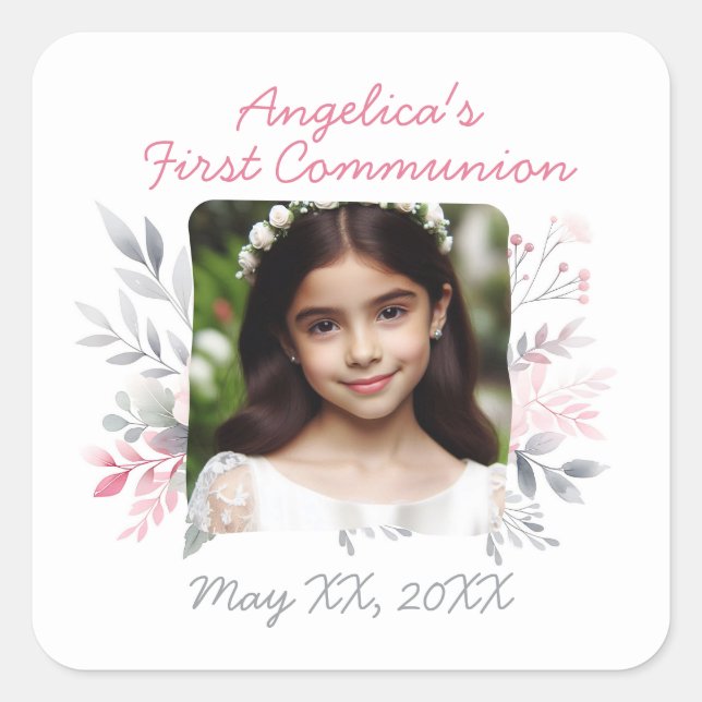 Custom Photo Floral First Communion Square Sticker (Front)