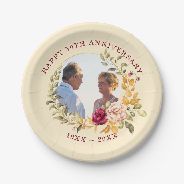 Custom Photo Floral Frame Anniversary  Paper Plates (Front)