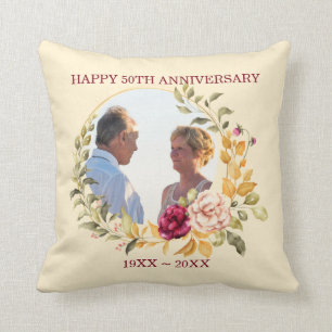 Custom Photo Floral Frame Anniversary Throw Pillow