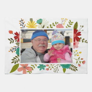 Custom Photo Floral Frame Template Kitchen Towel