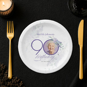 Custom Photo Floral Purple 90th Birthday Paper Plates