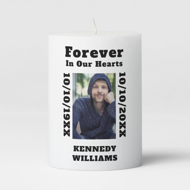 Custom Photo Forever In Our Hearts Death Memorial Pillar Candle (Front)