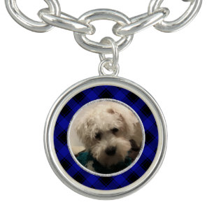 Custom Photo Frame Blue and Black Plaid Pattern Bracelet