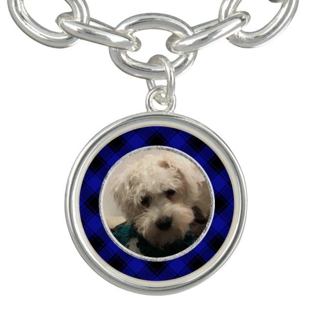 Custom Photo Frame Blue and Black Plaid Pattern Bracelet (Design)
