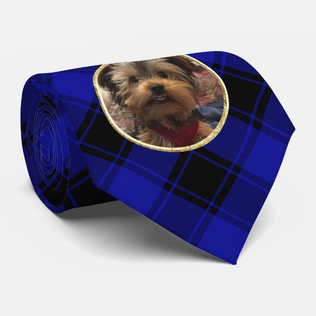 Custom Photo Frame Blue and Black Plaid Pattern Neck Tie (Rolled)