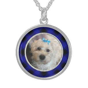 Custom Photo Frame Blue and Black Plaid Pattern Sterling Silver Necklace