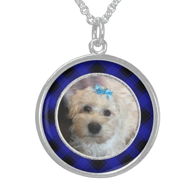 Custom Photo Frame Blue and Black Plaid Pattern Sterling Silver Necklace (Front)