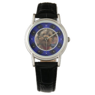 Custom Photo Frame Blue and Black Plaid Pattern Watch