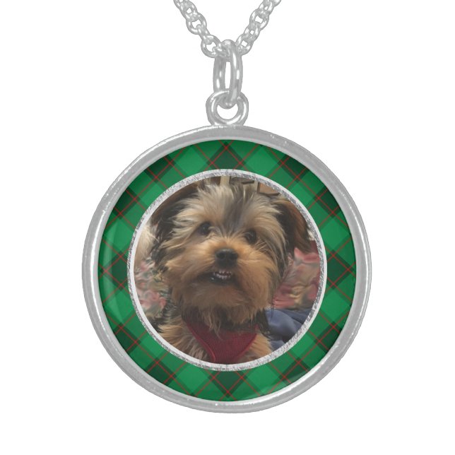 Custom Photo Frame Christmas Red and Green Plaid Sterling Silver Necklace (Front)