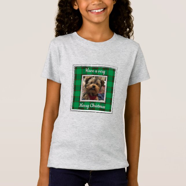 Custom Photo Frame Christmas Red & Green Plaid T-Shirt (Front)