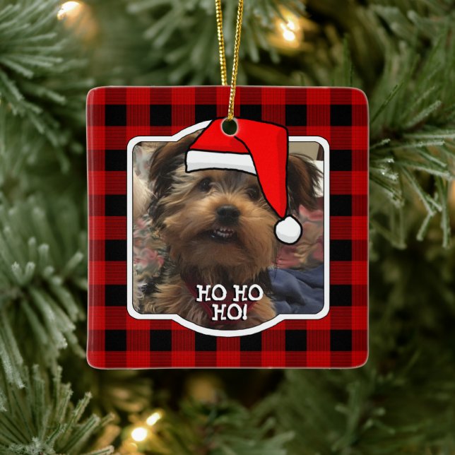 Custom Photo Frame Country Red Buffalo Check Plaid Ceramic Ornament (Tree)