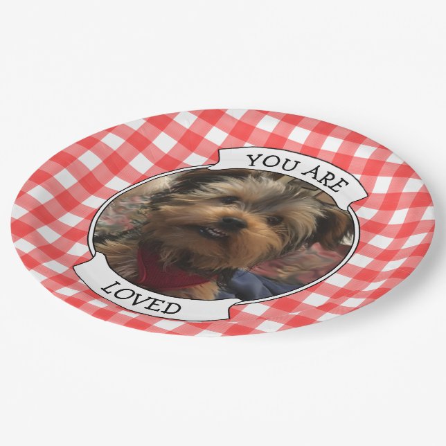Custom Photo Frame Country Red Buffalo Check Plaid Paper Plates (Angled)