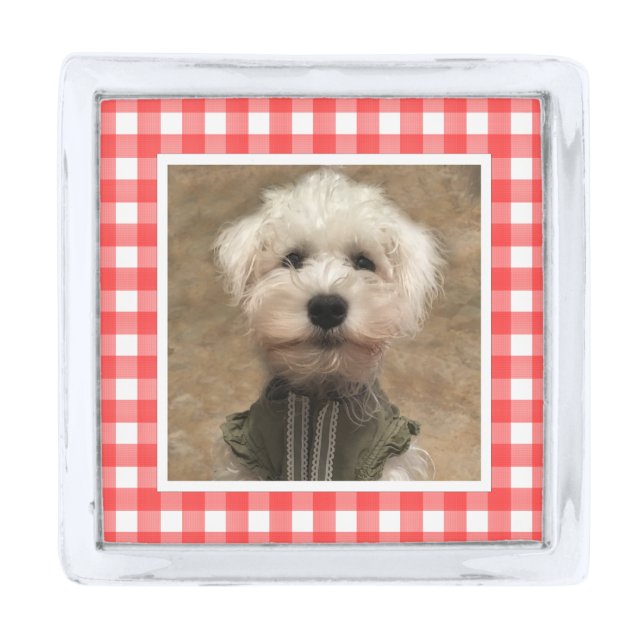Custom Photo Frame Country Red Buffalo Check Plaid Silver Finish Lapel Pin (Front)