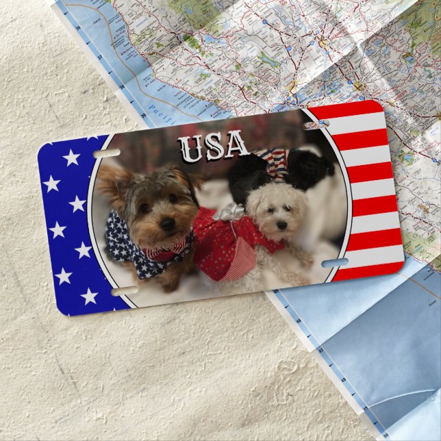 Custom Photo Frame USA American Flag Patriotic Fun License Plate (In Situ)