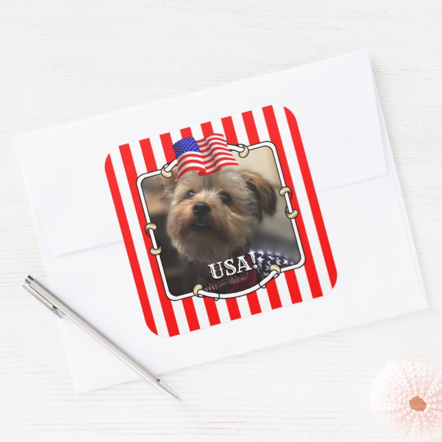 Custom Photo Frame USA American Flag Patriotic Fun Square Sticker (Envelope)