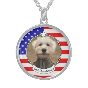 Custom Photo Frame USA American Flag Patriotic Fun Sterling Silver Necklace