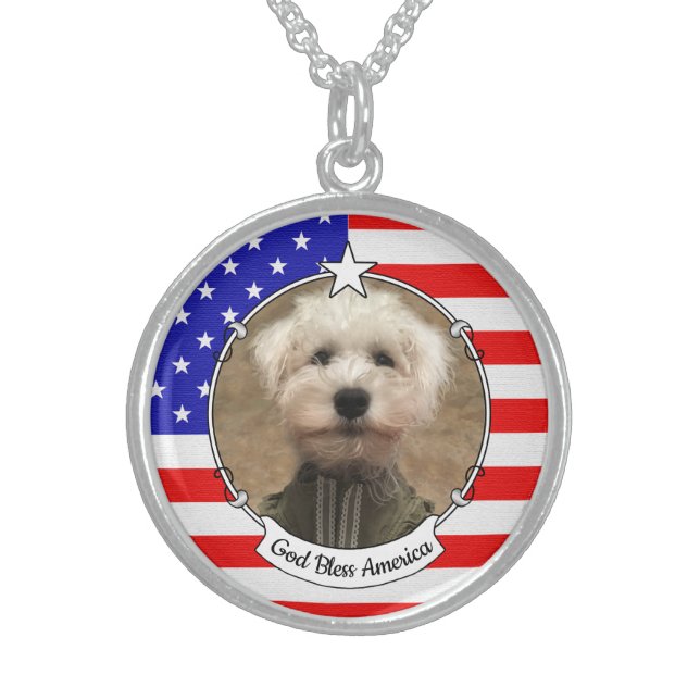 Custom Photo Frame USA American Flag Patriotic Fun Sterling Silver Necklace (Front)