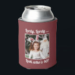 Custom Photo Fun Cool 40th Birthday Red Maroon Can Cooler<br><div class="desc">Customize with your text and photo and wish Happy Birthday with these fun,  unique party favors! Perfect for a 40th birthday party but messages on front and back are fully customizable. Great for any outdoor birthday party,  bachelorette outing,  or any other celebration to create memories!</div>