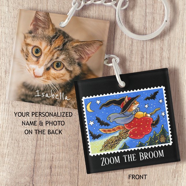 Custom Photo Fun Halloween Cat Witch Broomstick Keychain (Creator Uploaded)