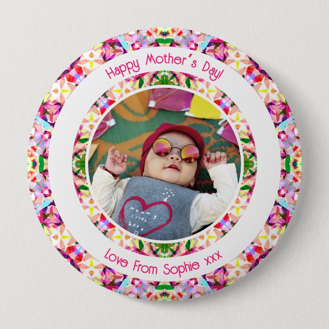 Custom Photo Fun Pink Happy Mother’s Day Keepsake Button (Front)