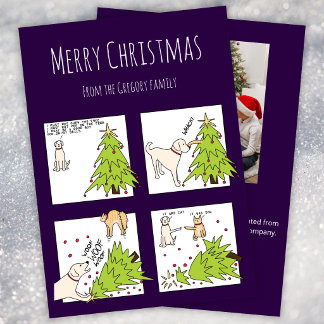 Custom Photo Funny Cat Dog Cartoon Purple Holiday Card
