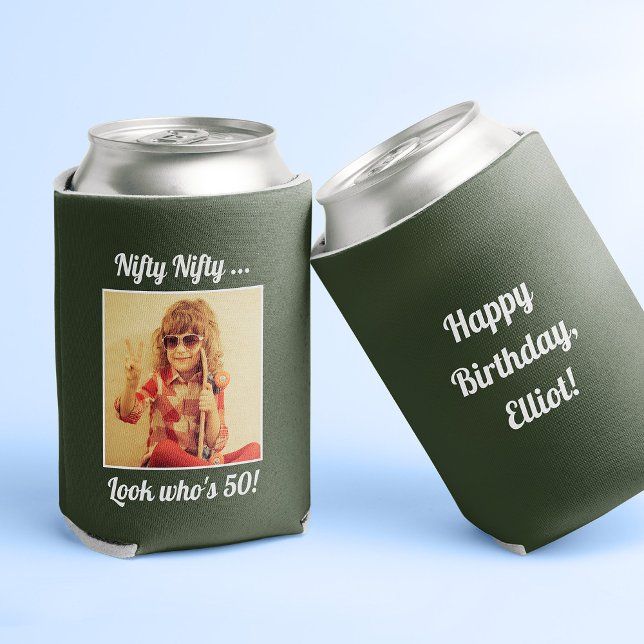Custom Photo Funny Cool 50th Birthday Can Cooler ("Nifty look who's 50" hunter green can cooler with photo on the front and custom text on the back)