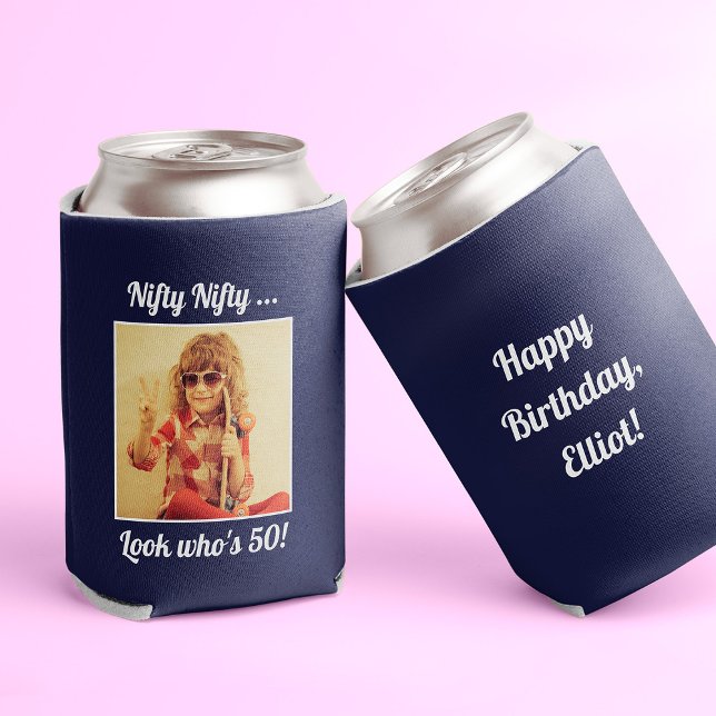 Custom Photo Funny Cool 50th Birthday Can Cooler ("Nifty look who's 50" navy blue can cooler with photo on the front and custom text on the back)