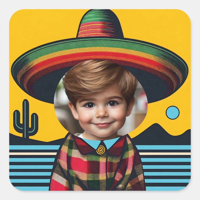 Custom Photo Funny Sombrero Fiesta Birthday Party Square Sticker (Front)