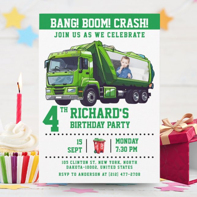 Custom Photo Garbage Truck Birthday Party Invitation (Creator Uploaded)