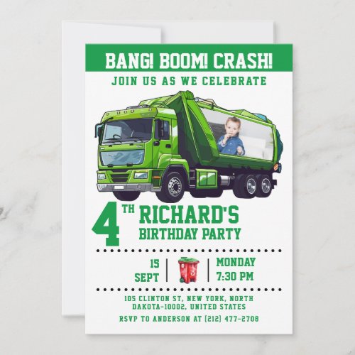 Custom Photo Garbage Truck Birthday Party Invitation