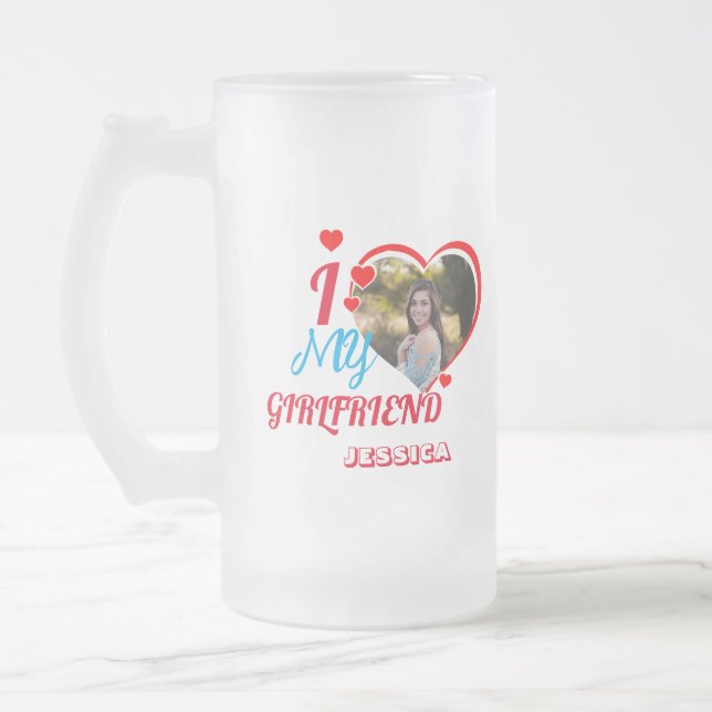 Custom Photo Gift: "I 💗 My Girlfriend Jessica Frosted Glass Beer Mug (Left)