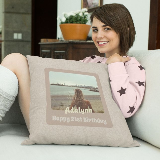 Custom Photo Gifts for 21 Year Old Female Beige Throw Pillow (Gifts for 21 Year Old Female)
