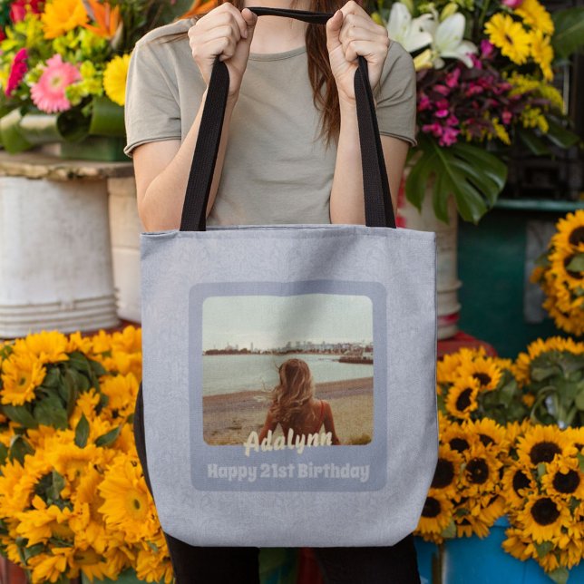 Custom Photo Gifts for 21 Year Old Female Blue Tote Bag (Gifts for 21 Year Old Female)