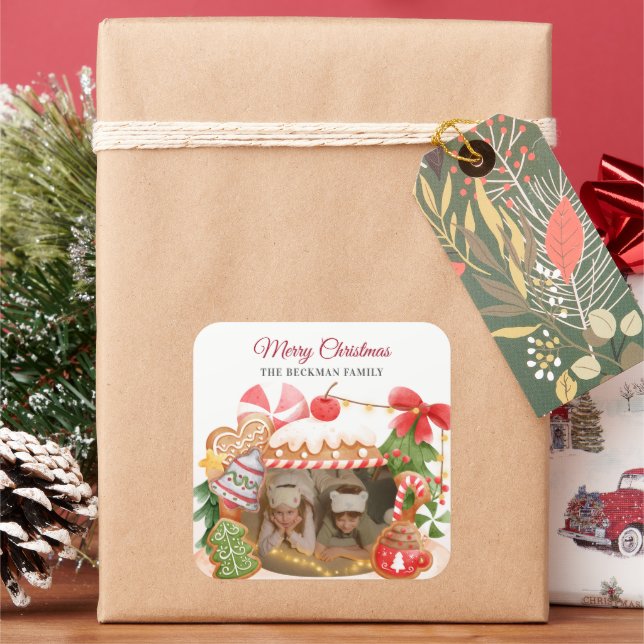 Custom Photo Gingerbread House Christmas Square Sticker (Holiday)