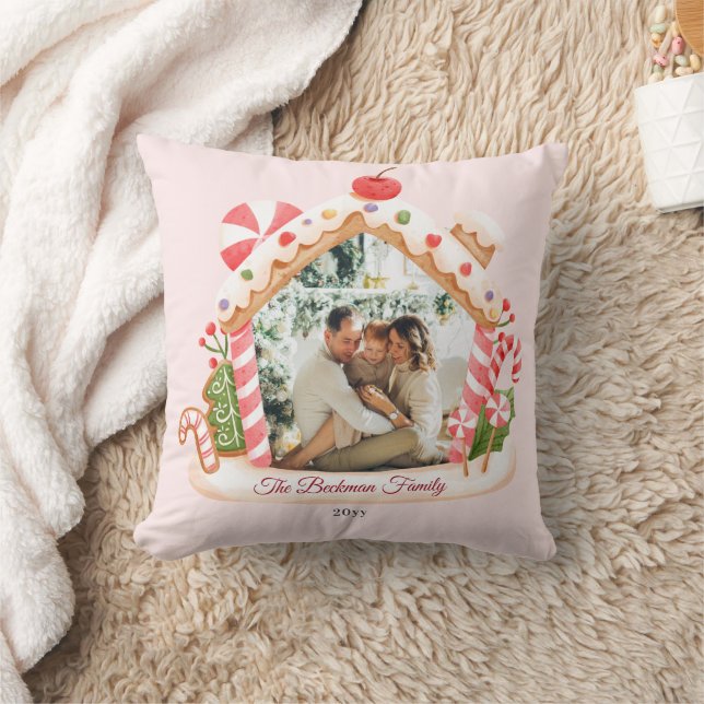 Custom Photo Gingerbread House Christmas Throw Pillow (Blanket)