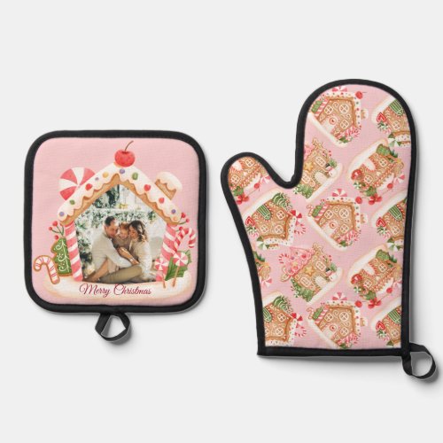 Custom Photo Gingerbread House Holiday Christmas Oven Mitt  Pot Holder Set