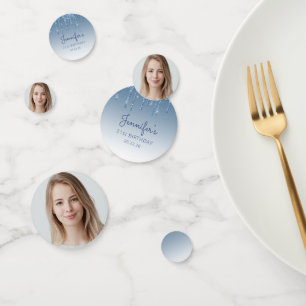 Custom Photo Glam Blue Glitter Drip 21st Birthday Confetti