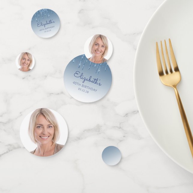 Custom Photo Glam Blue Glitter Drip 40th Birthday Confetti (Group)